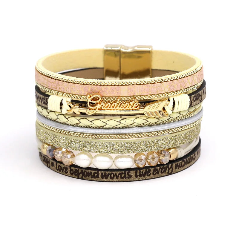 VONNOR Women Bracelet Jewelry Multilayer Leather Rope Chain Alloy Inlaid Rhinestone Bracelets Female Accessories Dropshipping