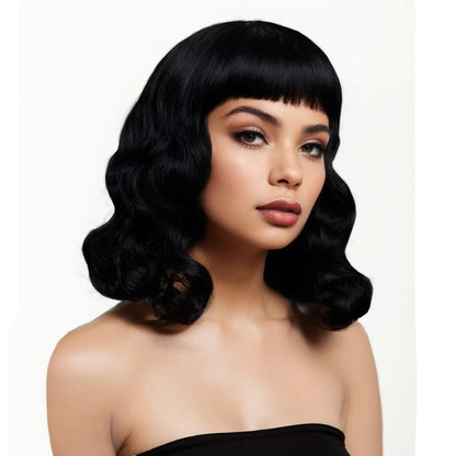 Synthetic 50s Vintage Shoulder Length Black Wigs with Bangs Bettie Page Wigs Natural Wavy Hair Wig for Women Cosplay Halloween
