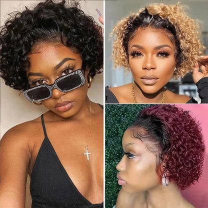 Short Pixie Cut Wigs 13x1 Lace Curly Pixie Human Hair Wigs Brazilian Human Hair 180% Density Curly Cut Bob Wigs 100% Human Hair