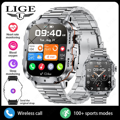 LIGE 2025 Rugged Military Smart Watch Men Outdoor Watches lP68 Waterproof 1.95" Al Voice BT Call Man Smartwatch For Android IOS