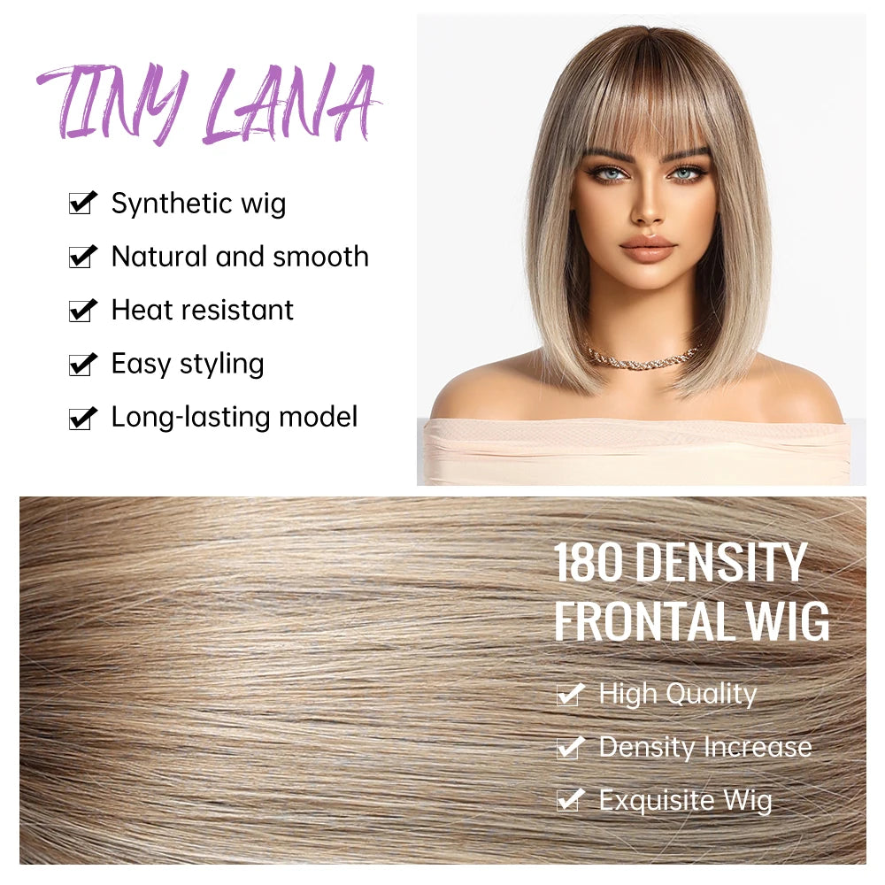 Light Brown Blonde Synthetic Wigs with Bangs for Women Short Bob Daily Straight Wigs Fake Hair Cosplay Halloween Heat Resistant