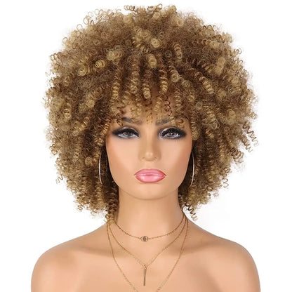Tereshar Synthetic Short Curly with Bangs for Black Women 8 inch Afro Kinky Curly Wig Synthetic Hair Wigs for Daily Party Use
