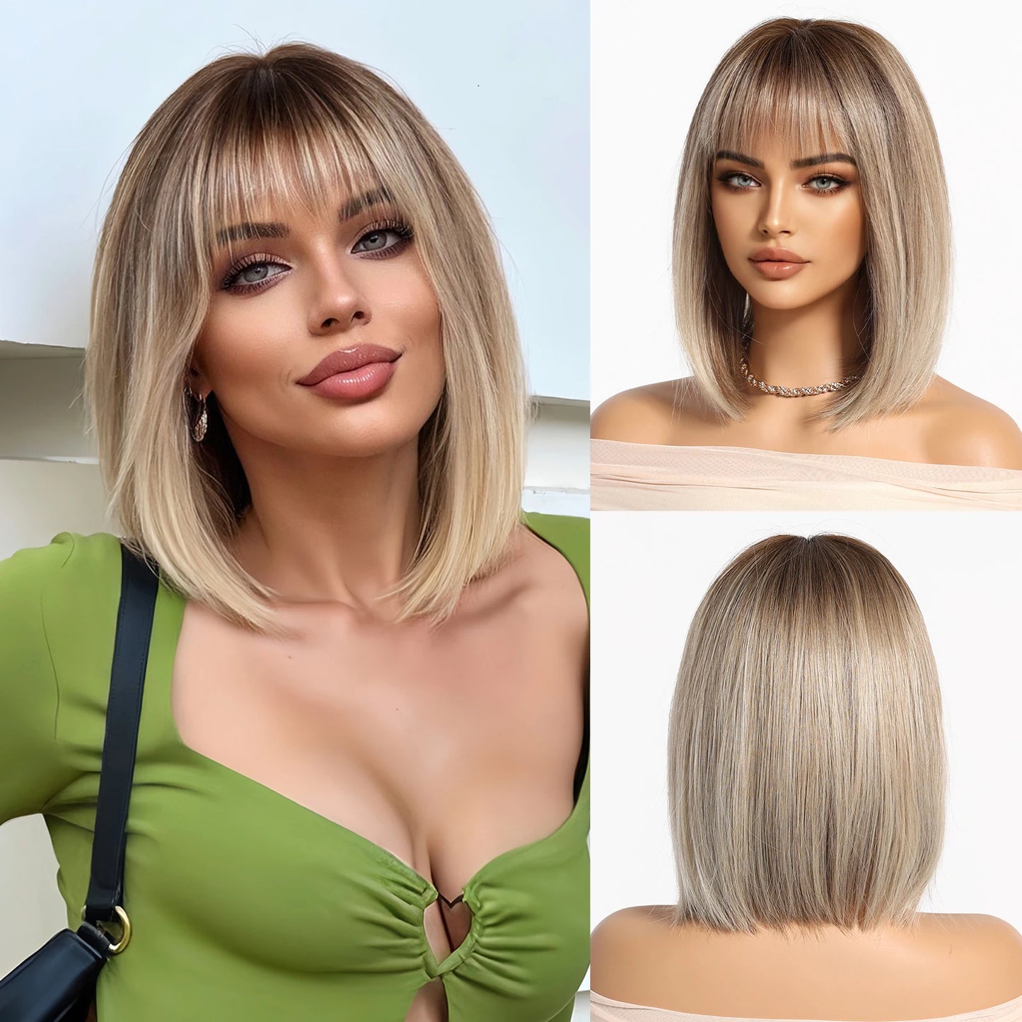 Light Brown Blonde Synthetic Wigs with Bangs for Women Short Bob Daily Straight Wigs Fake Hair Cosplay Halloween Heat Resistant