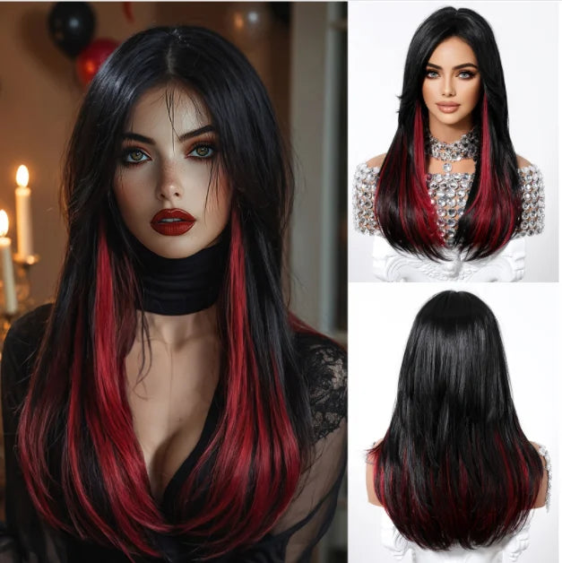 Medium Length Straight Wigs Gray Layered Synthetic Wigs With Bangs For Women Party Cosplay Natural Heat Resistant Fake Hair