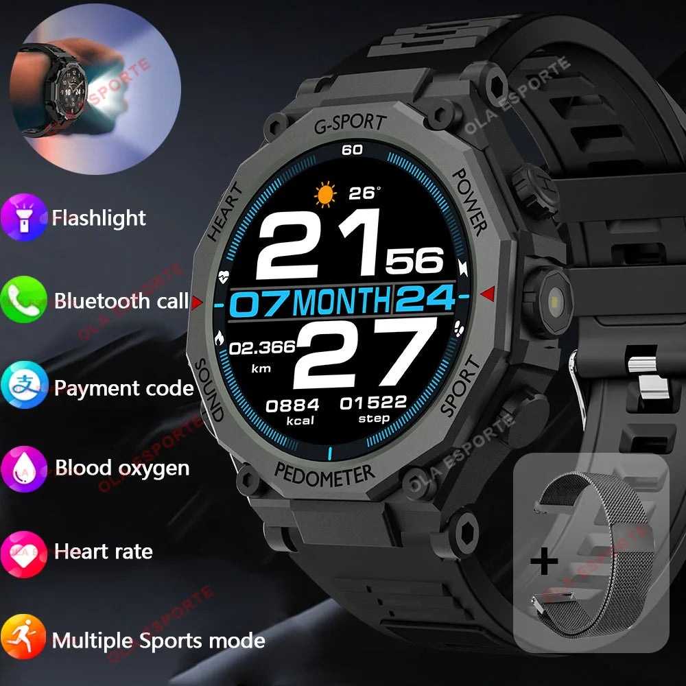 New Outdoor LED Flashlight Smart Watch Men 2025 Bluetooth Call Heart Rate Monitoring Military Sports SmartWatch For Android IOS