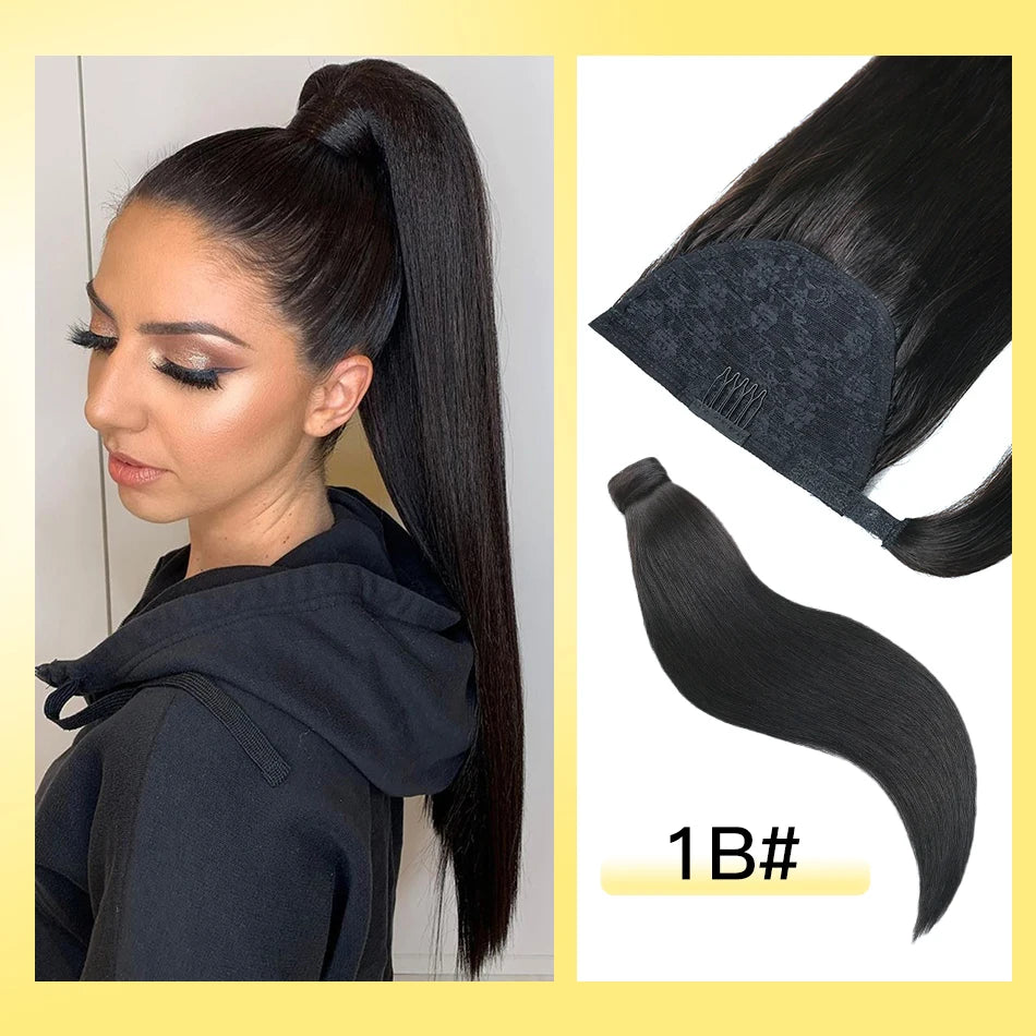 Yelo Ponytail Human Hair Wrap Around Brazilian Straight Ponytail 100% Remy Human Hair MagicTie Ponytail Extension Clip Horsetail