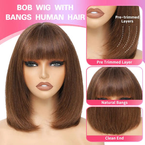 Short Bob Wig Human Hair With Bangs Straight Glueless Ready to Wear Go Wigs For Women Burgundy Machine Made Wig Brazilian Hair