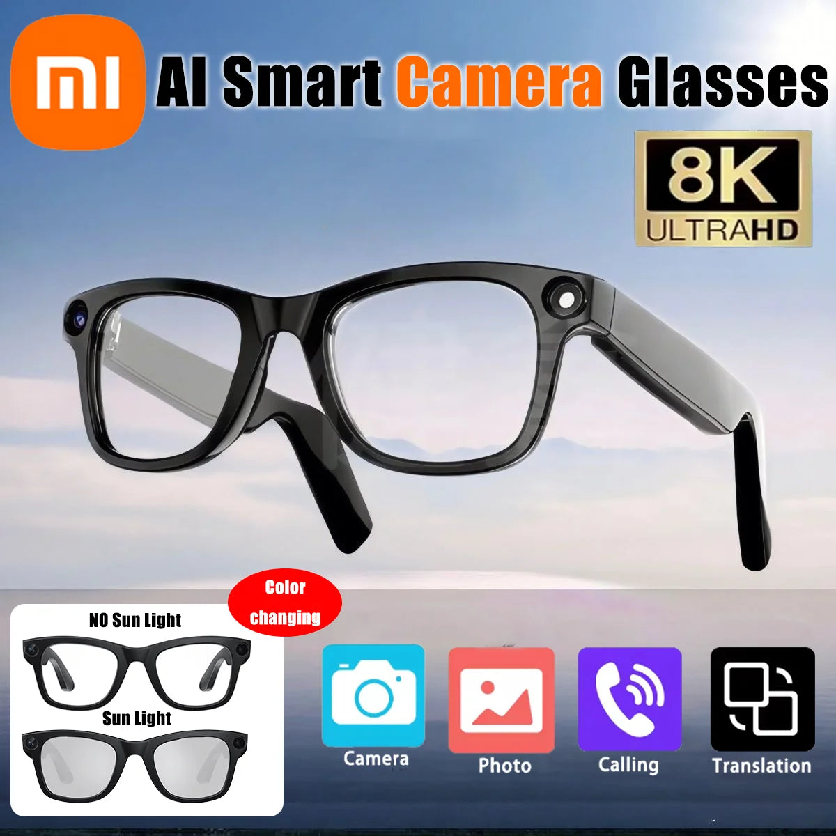 Xiaomi 8K HD AI Smart Camera Glasses With Long-lasting Battery Voice Assistant Control Calling Music Outdoor Photo-grey Glasses