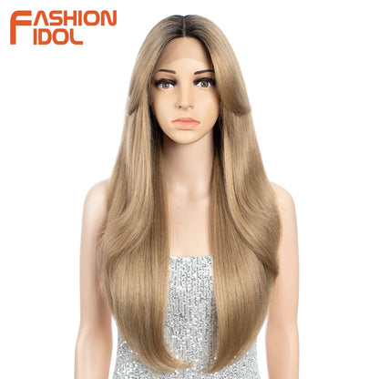 FASHION IDOL 26 Inch Yaki Straight Lace Front Wig Synthetic Hair Ombre Blonde Cosplay Wigs Heat Resistant Fiber Synthetic Hair