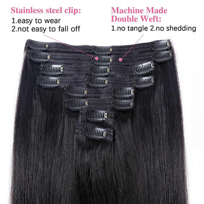 Straight Clip in Hair Extensions Human Hair Brazilian Remy Natural Full Head Seamless Human Hair Clip in Extensions For Women