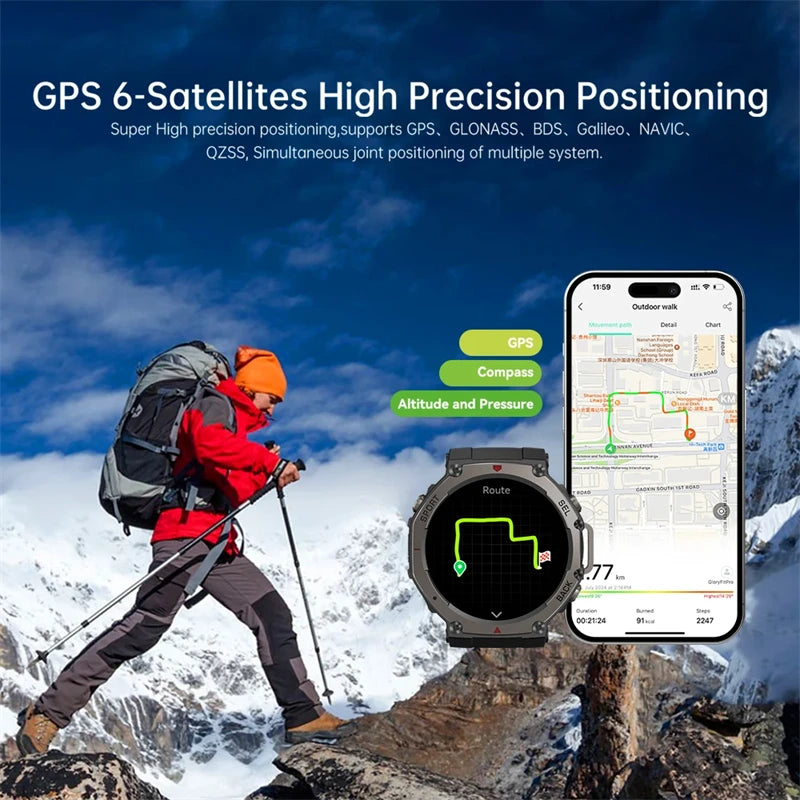 2025 Military Smart Watch for Men Bluetooth Call 5ATM Waterproof Built-in GPS Compass Barometric Altimeter Sports Watches