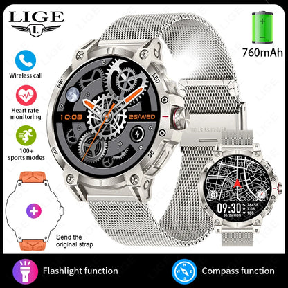 LIGE 760mAh Large Battery Outdoor Smart Watch Men 1.85 inch HD Screen GPS Compass Bluetooth Call IP68 Waterproof Smartwatch 2025