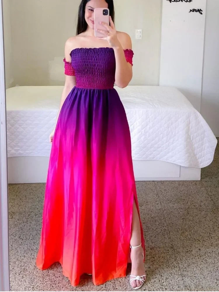 Elegant Off Shoulder Dress  Summer Fashion Dresses High Waist Flower Print Short Sleeve Vestidos Robe Clothing