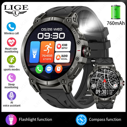 LIGE Outdoor Flashlight Smart Watch 1.85" HD Large Screen GPS Compass Bluetooth Call Fitness Sports IP68 Waterproof Smart Watch