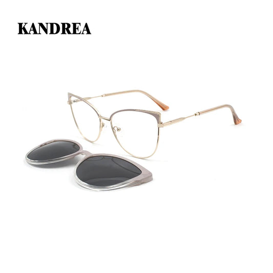 KANDREA Vintage 2 In 1 Clip On Glasses Frame Women Brand Design Polarized Sunglasses Optical Prescription Eyeglasses FNA017