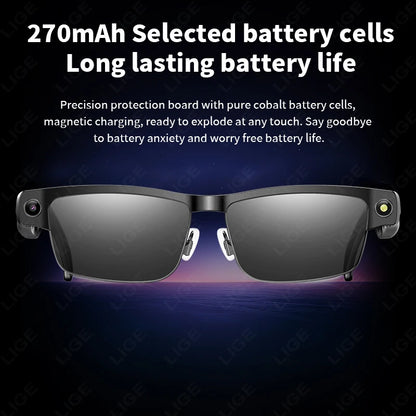 LIGE AI Smart Glasses Chat Voice Assistant Control 270mAh Battery 800W HD Camera 1200P Video Shoot Bluetooth Call Sunglasses New