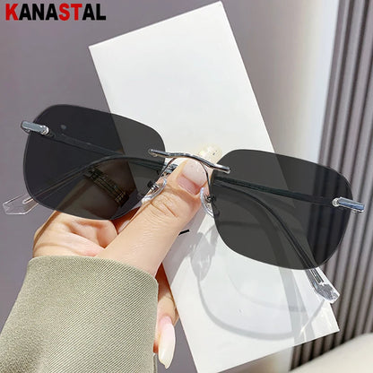 Men Pure Titanium Rimless Sunglasses Women Polarized Sun Glasses Frameless Eyeglasses Night Driving Goggles Anti UV400 Eyewear