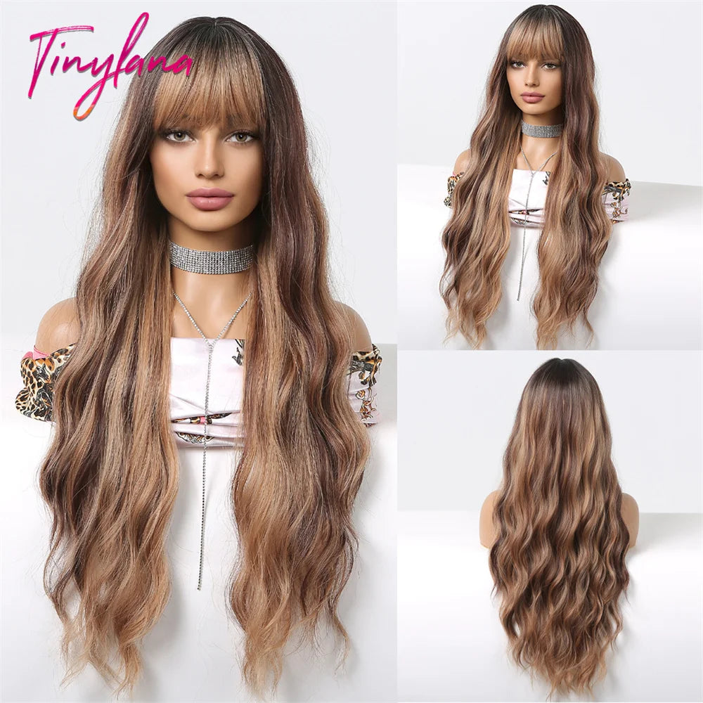 Super Long Curly Wavy Brown Synthetic Wigs with Bangs Cosplay Party Halloween Natural Afro Hair for White Women Heat Resistant