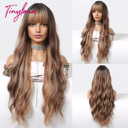 Super Long Curly Wavy Brown Synthetic Wigs with Bangs Cosplay Party Halloween Natural Afro Hair for White Women Heat Resistant