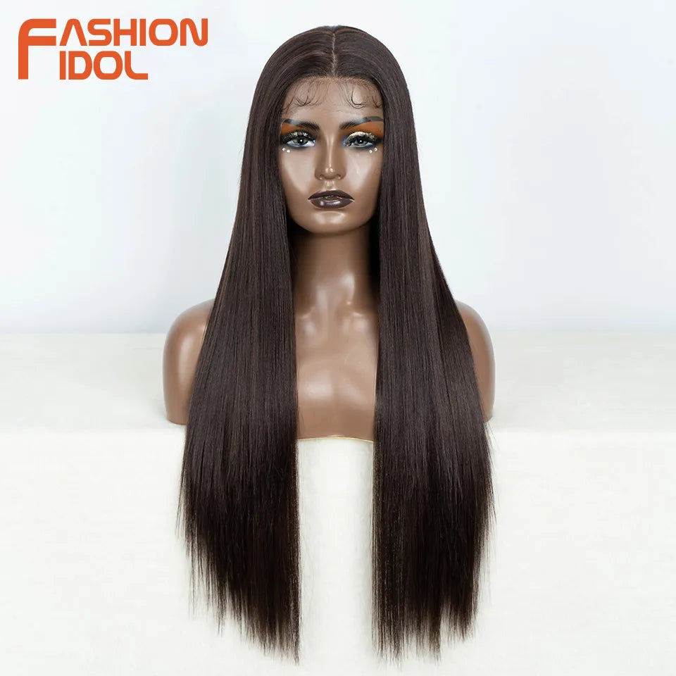 FASHION IDOL 13X4 Lace Front Wig For Women 32 Inch Heat Resistant Fiber Straight Wigs Blonde Natural Synthetic Wigs Cosplay Hair