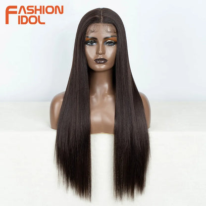 FASHION IDOL 13X4 Lace Front Wig For Women 32 Inch Heat Resistant Fiber Straight Wigs Blonde Natural Synthetic Wigs Cosplay Hair