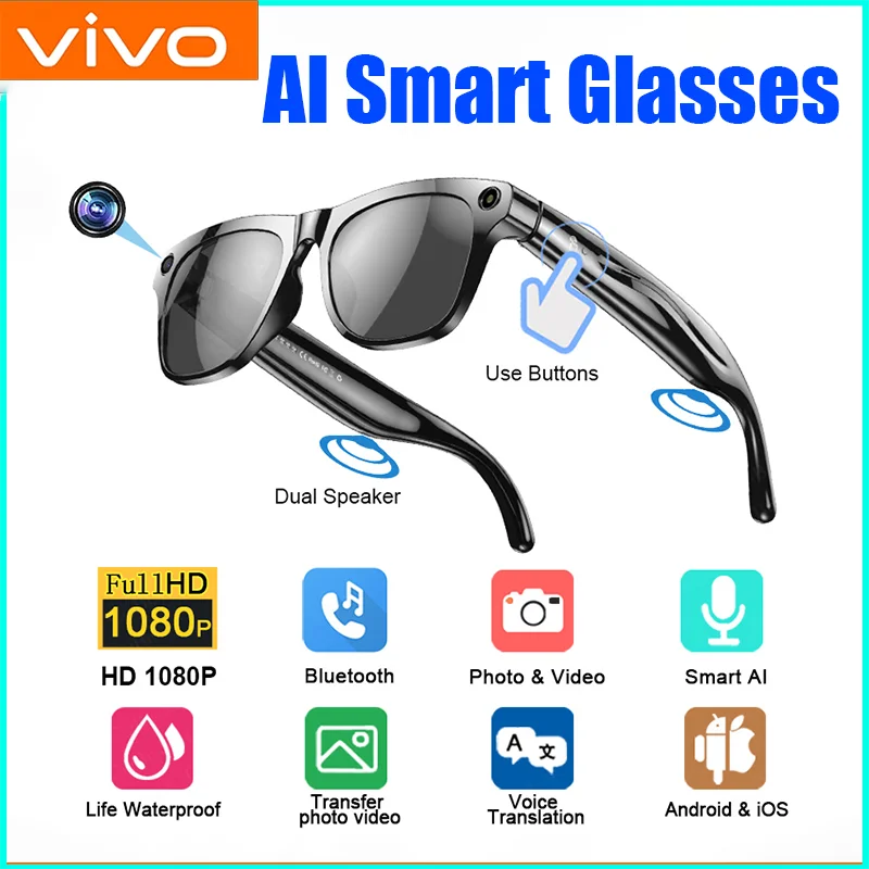 VIVO Fashion AI 100MP Camera Smart Glasses Waterproof Bluetooth Call Playing Music Smart Glasses Identify Pictures Use ChatGPT
