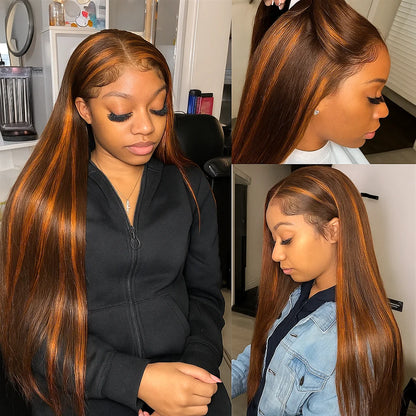 Highlight Lace Front Human Hair Wig Ginger Orange Gradient Straight Hair Glueless 5x5 Bleached Lace Wig Colored Human Hair wigs