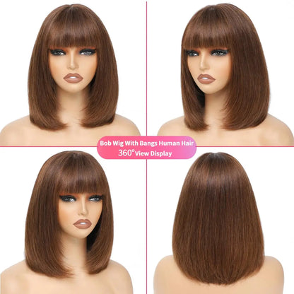 Short Bob Wig Human Hair With Bangs Straight Glueless Ready to Wear Go Wigs For Women Burgundy Machine Made Wig Brazilian Hair