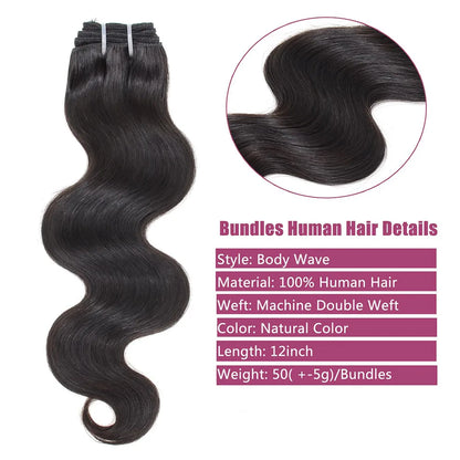 Short Body Wave Bundles 50G/Pcs 100% Human Hair Brazilian Virgin Hair Extensions Natural Black Color Body Wave Bundles for Women