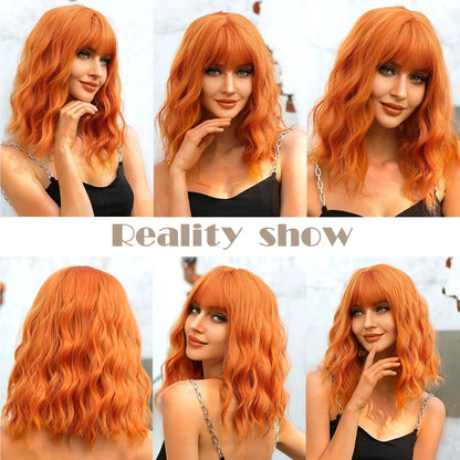 Short Copper Ginger Synthetic Natural Wavy Wigs Hair Orange Halloween Bob Wig with Bangs Heat Resistant for Women Cosplay Wig