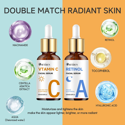 SUYARUN Premium Vitamin C + Retinol Serum for Face - Anti-Aging Brightening Skin Care, Dark Spot Corrector.