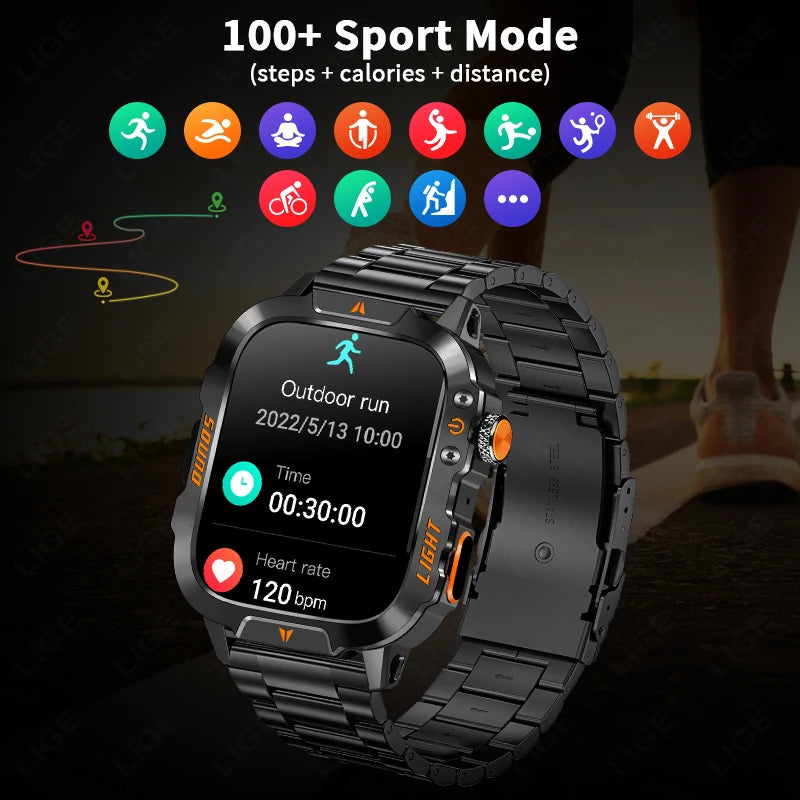 LIGE New Military Smart Watch Men Waterproof Outdoor Sports Tracker LED Flashlight Bluetooth Call Men Smartwatch For Android iOS
