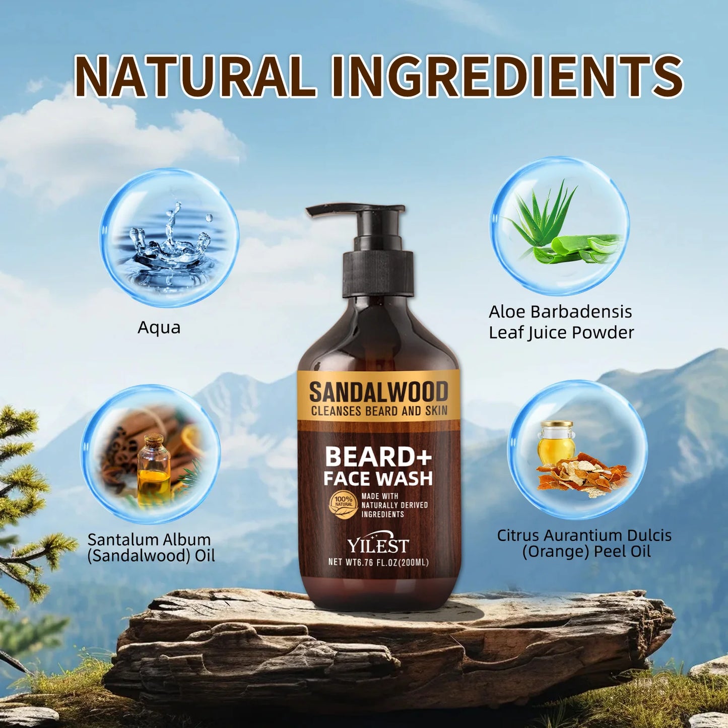 YILEST Sandalwood Beard & Face Wash for Men - 200ml Natural Cleanser with Aloe & Orange Oil, Deep Cleansing for Beard and Skin
