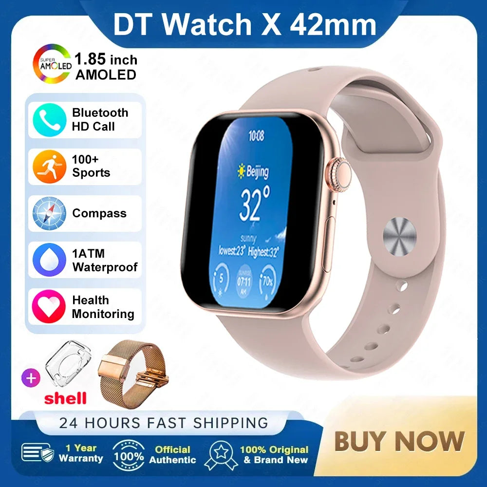 New DT Watch X Mini Smartwatch 3D Menu Video AI Voice NFC 4GB Lang Memory Compass 1.85 Inch AMOLED Super Fast Charge Smartwatch