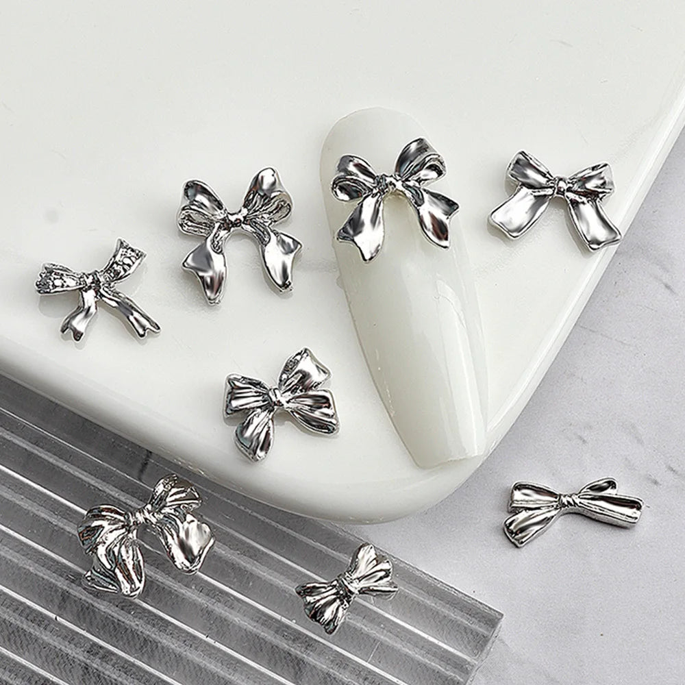10 pcs Silver Alloy Ribbon Butterfly Nail Art Charm 3D  Metal  Bowtie Nails Art Decoration Jewelry Manicure Accessories Supplies