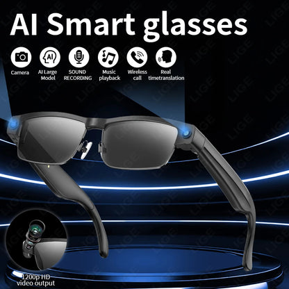 LIGE 800W Camera Glasses AI Bluetooth Glasses Call Music Video Recording Noise Reduction Headset Touch Control Smart Sunglasses