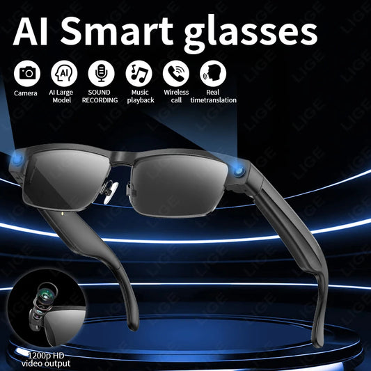 LIGE 800W Camera Glasses AI Bluetooth Glasses Call Music Video Recording Noise Reduction Headset Touch Control Smart Sunglasses
