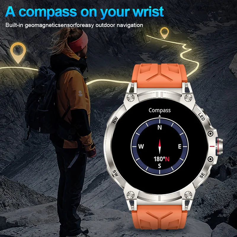 LIGE Outdoor Flashlight Smart Watch 1.85" HD Large Screen GPS Compass Bluetooth Call Fitness Sports IP68 Waterproof Smart Watch