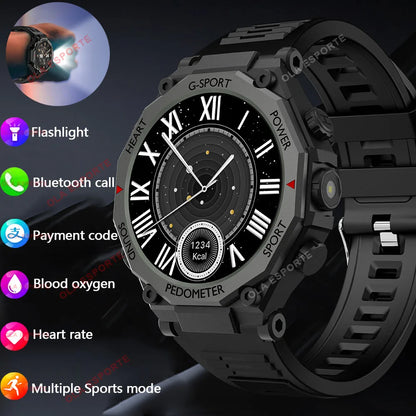 New Outdoor LED Flashlight Smart Watch Men 2025 Bluetooth Call Heart Rate Monitoring Military Sports SmartWatch For Android IOS