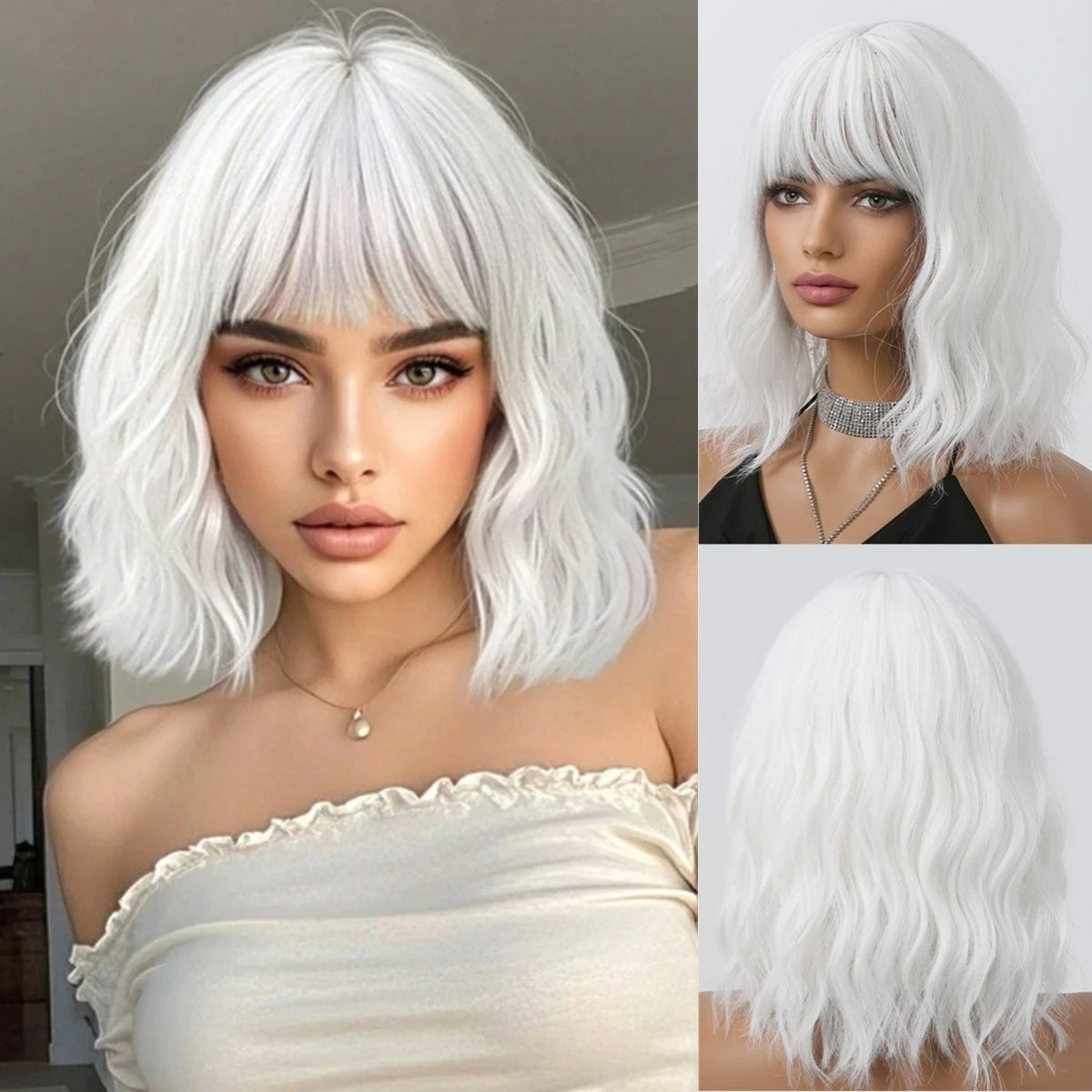 12 Inch Brown Bob Natural Wig Synthetic Cute Hair Short Wavy Curly Wig With Bangs For Women Daily Party Use Heat Resistant Fiber