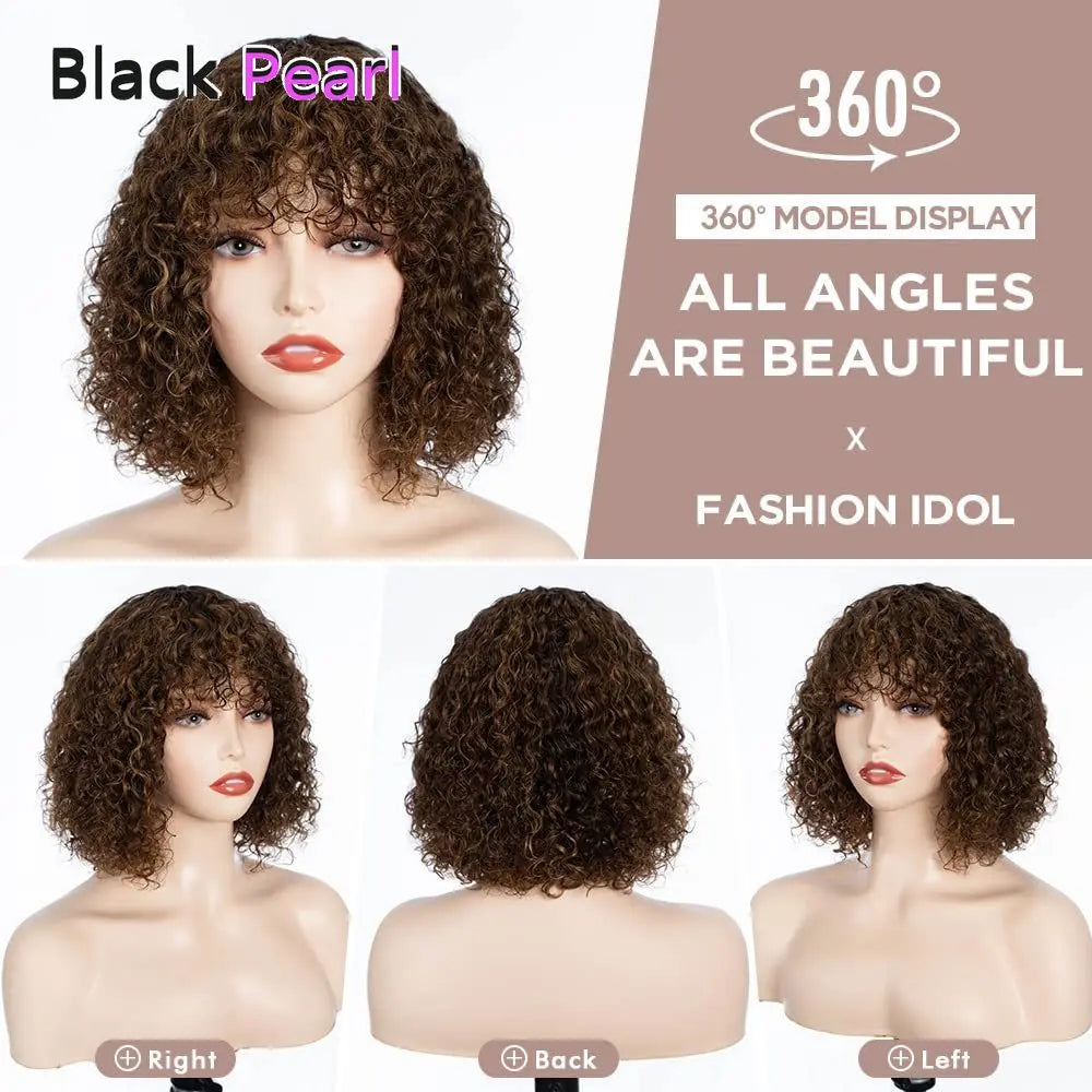 Black Pearl Jerry Curly Wig with Bangs100% Human Hair Short Pixie Cut Fringe Style Natural Curly Perruque Lightweight