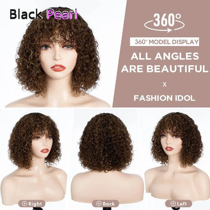 Black Pearl Jerry Curly Wig with Bangs100% Human Hair Short Pixie Cut Fringe Style Natural Curly Perruque Lightweight