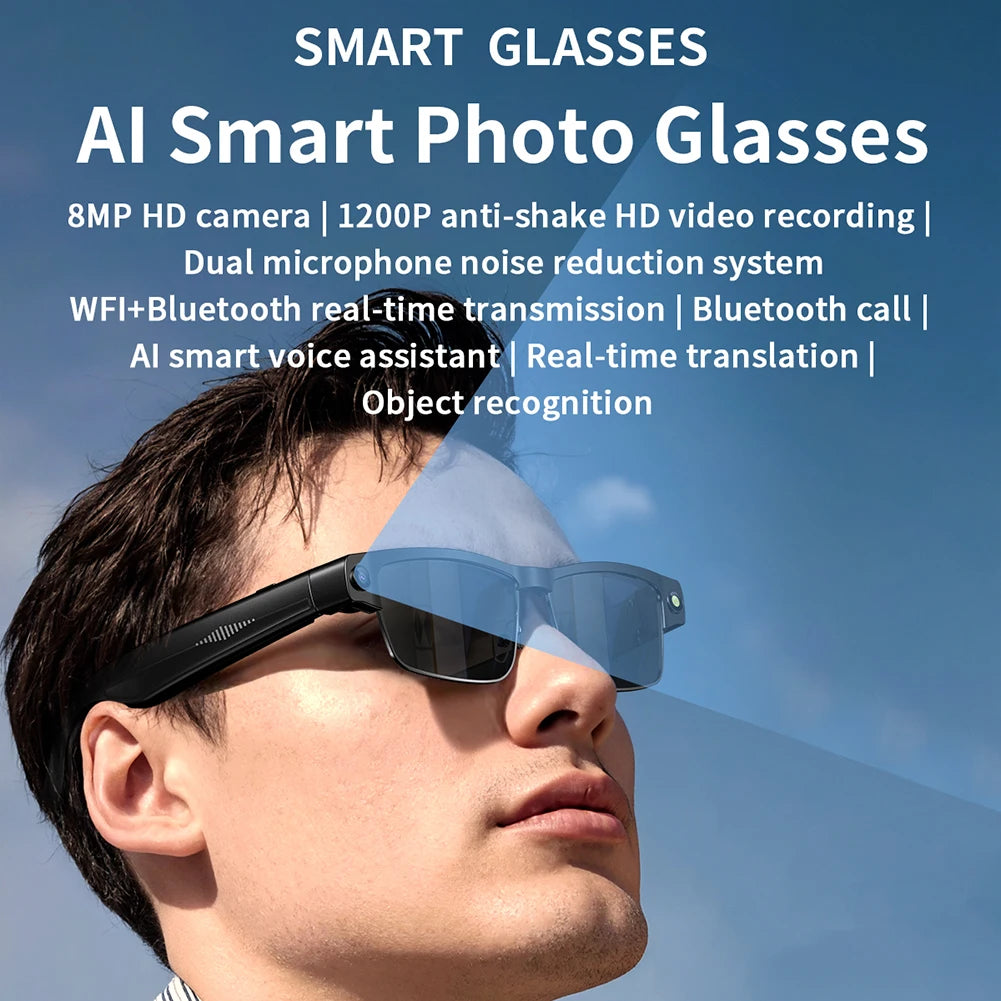 AI Smart Glasses Voice Assistant Camera Glasses Built-in Mic & Speakers Audio Glasses for Office Music Answering Calls