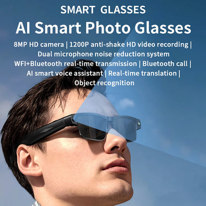 AI Smart Glasses Voice Assistant Camera Glasses Built-in Mic & Speakers Audio Glasses for Office Music Answering Calls