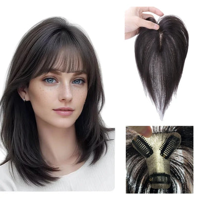 7x8cm Slik Base Human Hair Toppers For Women Clip In Topper With 3D Air Bangs Hairpieces for Hair Loss Volume Cover Grey Hair