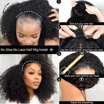 Kinky Curly Half Wig Human Hair 210% Density Wear Go Glueless Wigs 3 In 1 Half Wigs for Women Drawstring Seamless Flip Headband