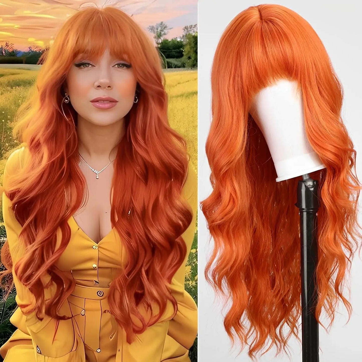 Black women's synthetic wig with big waves and straight bangs for cosplay. Worn daily with high-temperature synthetic hair.