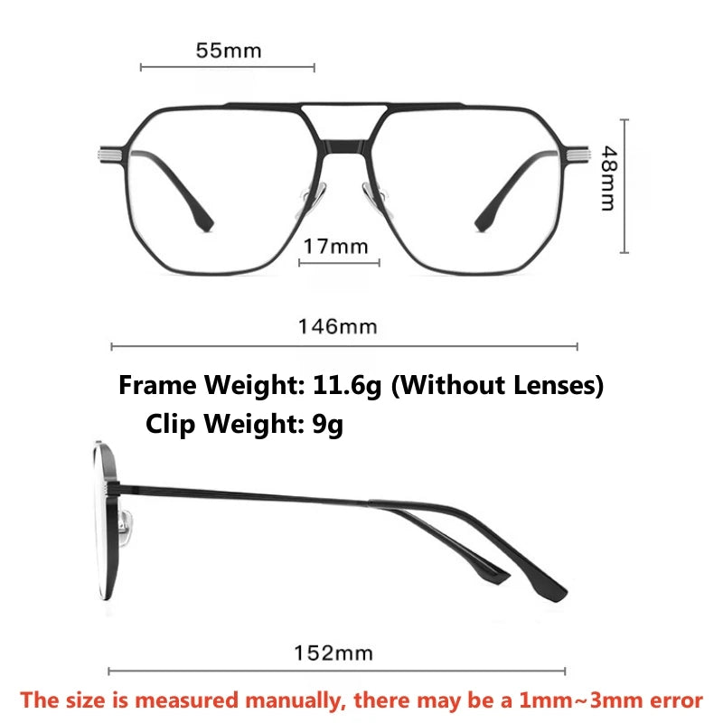 TFTB Men and Women Polarized Magnetic Clip on Glasses Luxury Pure Titanium Pilot Big Optical Prescription Eyeglasses Frame 9906