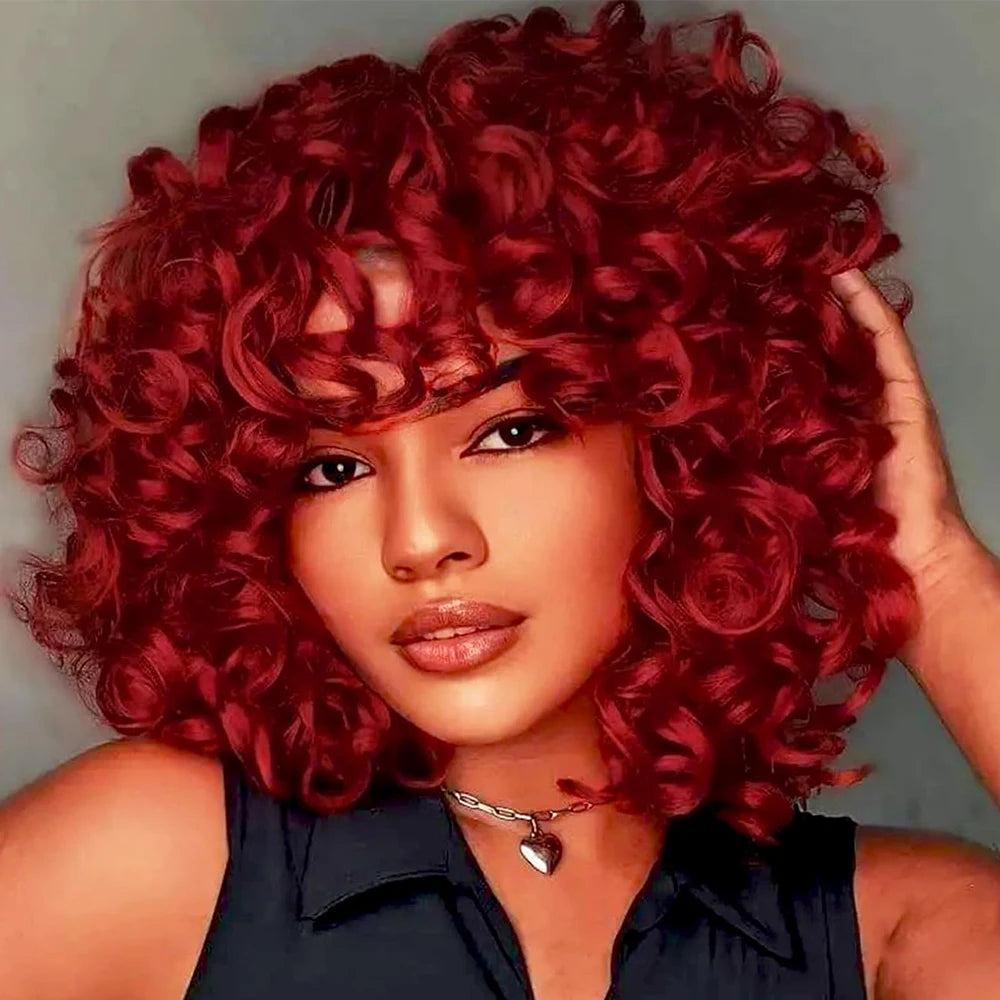 Short Loose Red Curly Wig for Black Women Curly Afro Wig with Bangs Synthetic Fiber Natural Looking Glueless Hair for Daily Wear