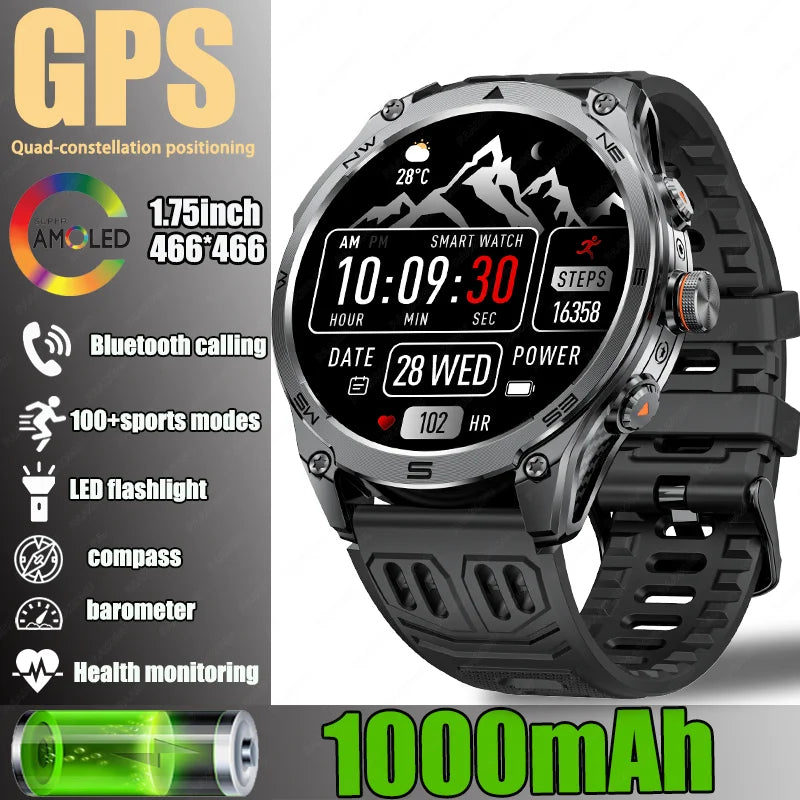 2025 New For Xiaomi GPS Sports Smart Watch 1000mAh large battery LED flashlight compass barometer Military Grade Smartwatchs men